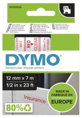 Dymo D1 Yedek Şerit, 12 mm x 7 mt, Şeffaf/ Kırmızı (45012) - 2