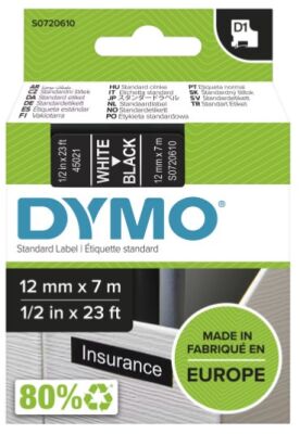 Dymo D1 Yedek Şerit, 12 mm x 7 mt, Siyah/ Beyaz (45021) - 2